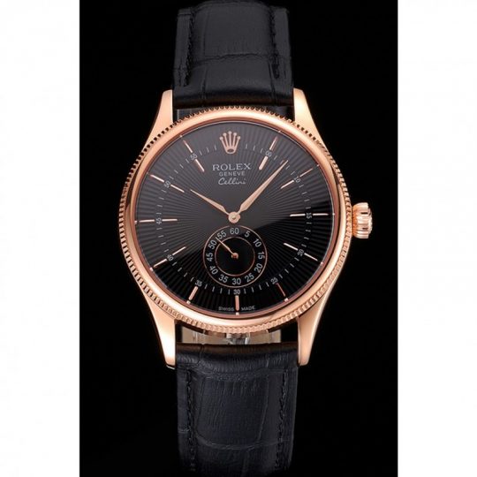 Replica Rolex Cellini Black Dial Rose Gold Case Black Leather Strap - View 2