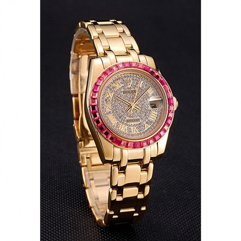 Replica Rolex Datejust Diamond Dial Pink Jewels Bezel Gold Case And Bracelet 622835 - View 3