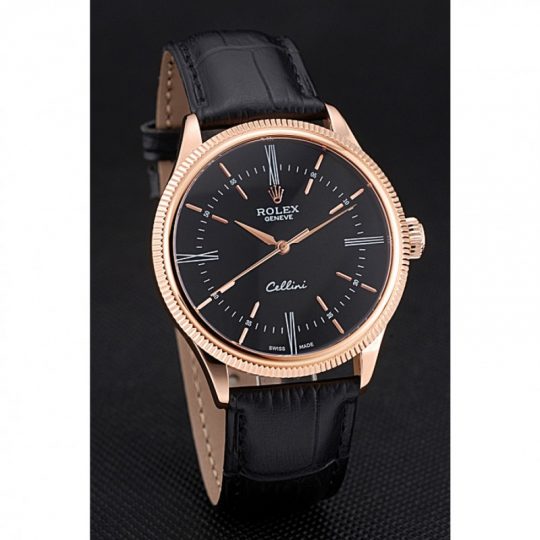 Replica Rolex Cellini Time Rose Gold Case Black Dial Black Leather Bracelet 622656 - View 2