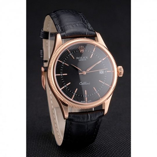 Replica Rolex Cellini Date Black Dial Rose Gold Markings Rose Gold Case Black Leather Strap - View 3