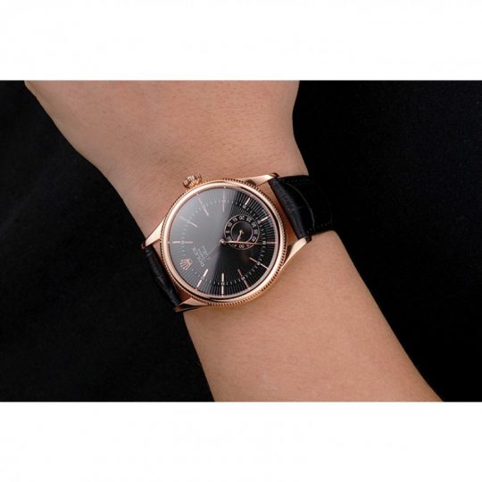 Replica Rolex Cellini Black Dial Rose Gold Case Black Leather Strap - View 6