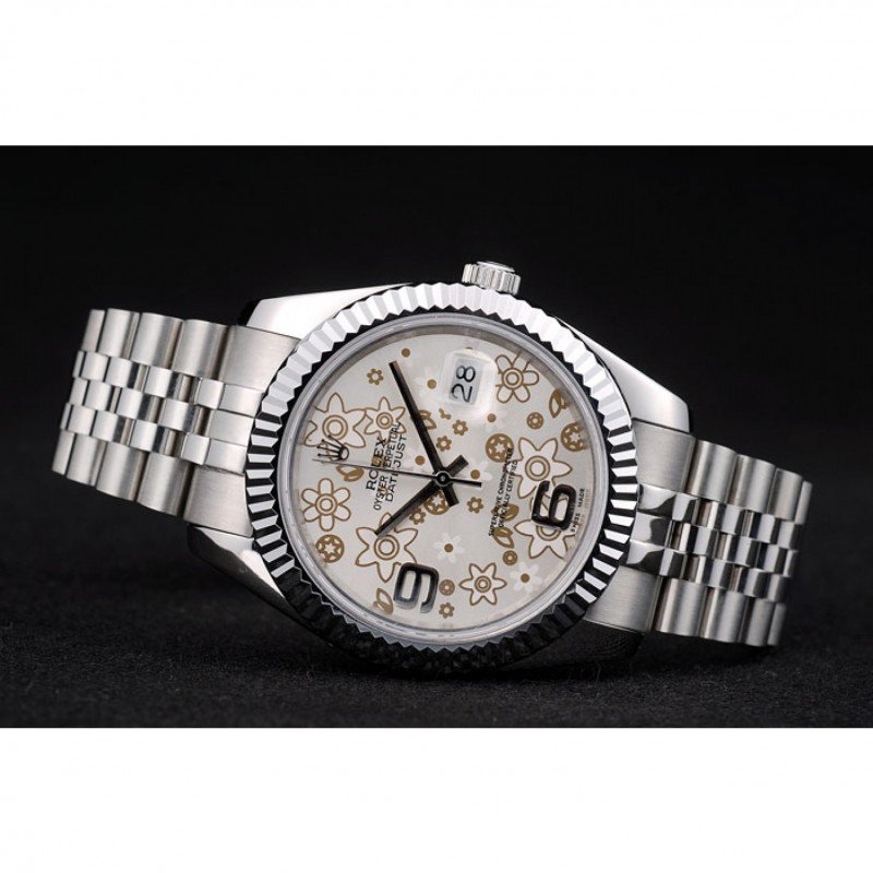 Replica Rolex DateJust Stainless Steel Ribbed Bezel Flower Silver Dial 41983 - View 4