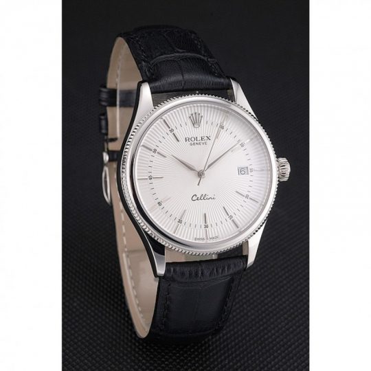 Replica Rolex Cellini Date White Dial Stainless Steel Case Black Leather Strap - View 2