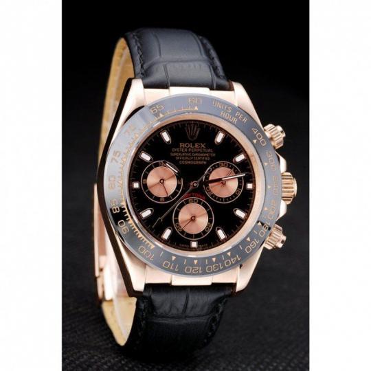 Replica Rolex Daytona Rose Gold Case Black Dial Black Leather Strap - View 3