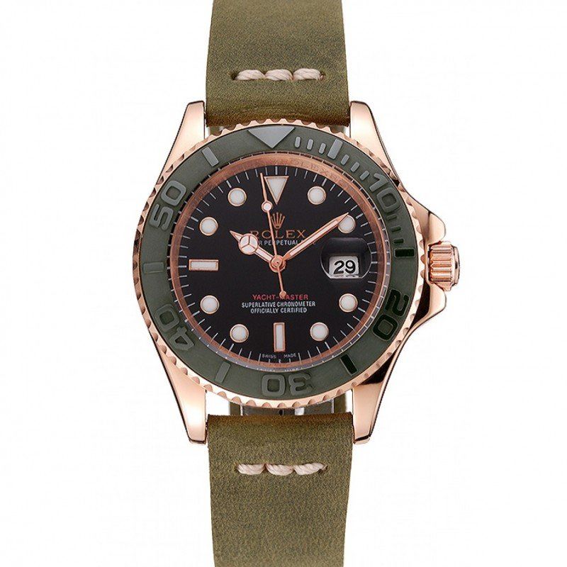 Replica Rolex Yacht-Master Black Dial Green Bezel Rose Gold Case Green Leather Bracelet 1453862 - View 1