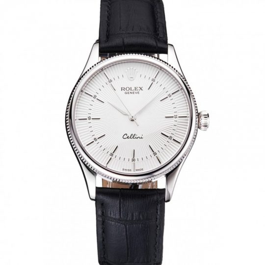 Replica Rolex Cellini White Guilloche Dial Stainless Steel Case Black Leather Strap - View 1