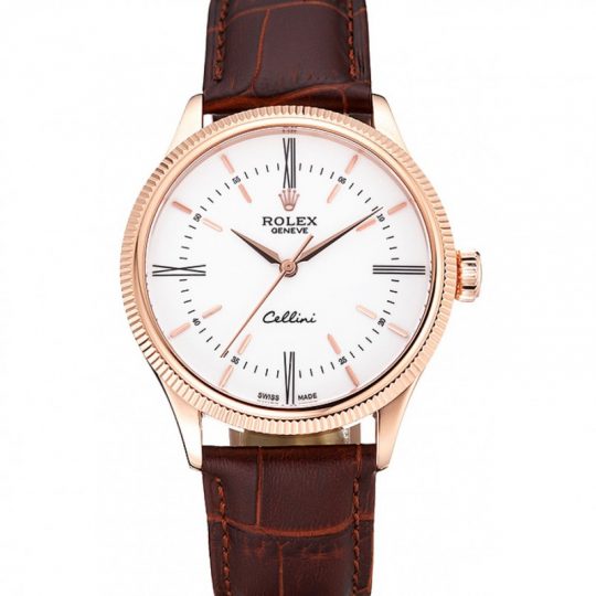 Replica Rolex Cellini Time Gold Case White Dial Brown Leather Bracelet 622655 - View 1