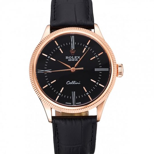 Replica Rolex Cellini Time Rose Gold Case Black Dial Black Leather Bracelet 622656 - View 1