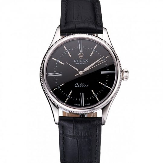 Replica Rolex Cellini Time Silver Case Black Dial Black Leather Bracelet 622654 - View 1