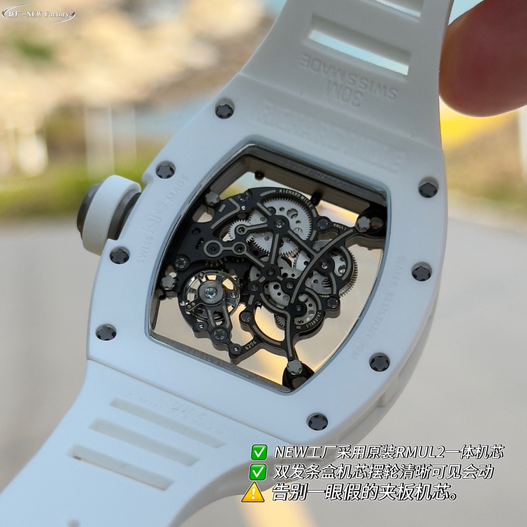 New Factory (NF) Richard Mille RM055 Replica V5 - White Ceramic with Real Jewels - clean factory product image 4