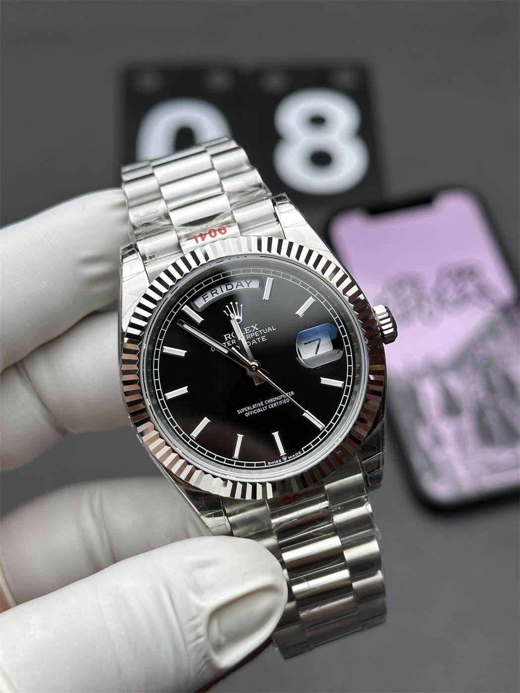 VSF Tungsten Day-Date 40 Black Motif Dial – 228239 White Gold (182g Weighted) - clean factory product image 2