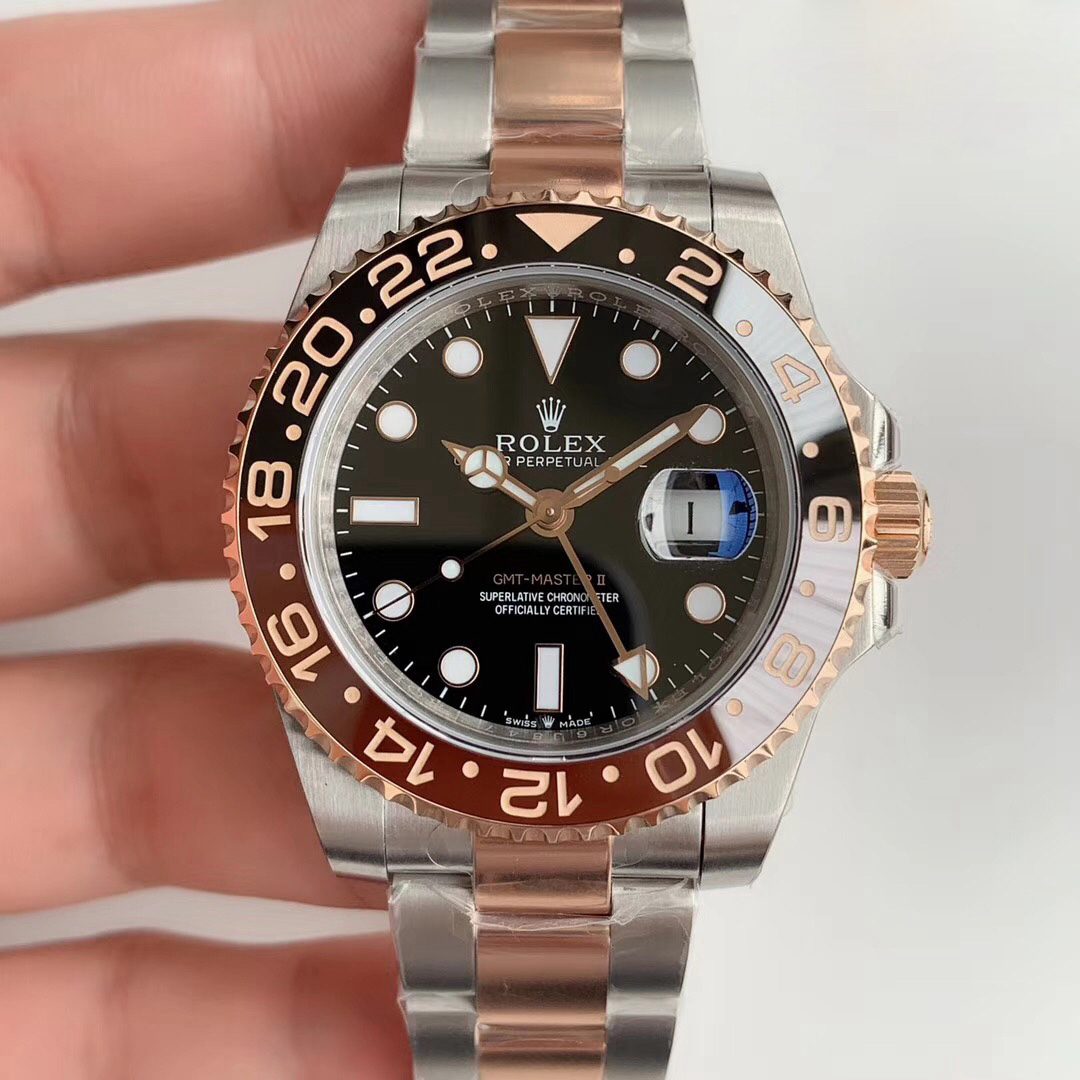 Replica Rolex GMT-Master II EW factory Rose Gold Stainless Steel Black - View 1