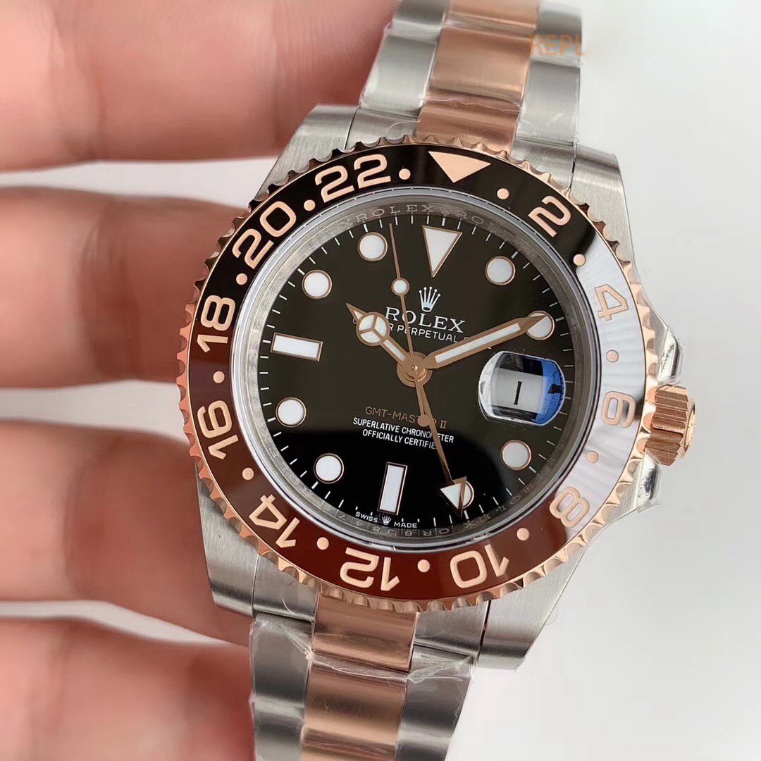 Replica Rolex GMT-Master II EW factory Rose Gold Stainless Steel Black - View 3