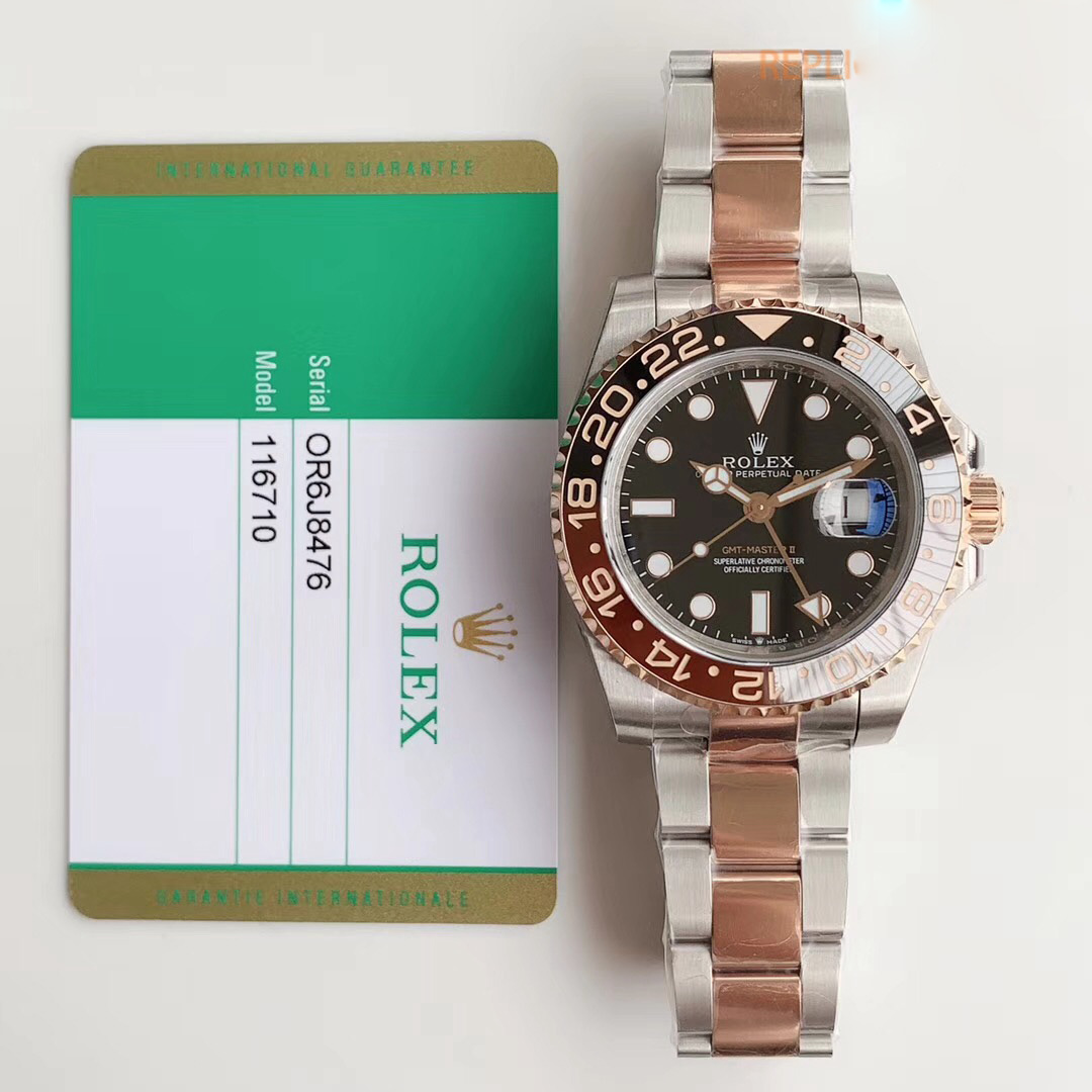 Replica Rolex GMT-Master II EW factory Rose Gold Stainless Steel Black - View 5