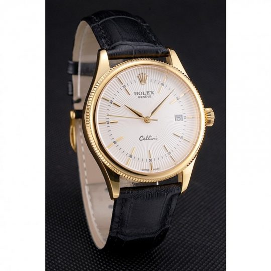 Replica Rolex Cellini Date White Dial Gold Case Black Leather Strap - View 2