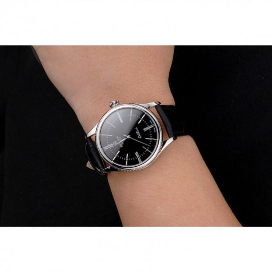 Replica Rolex Cellini Black Dial Roman Numerals Stainless Steel Case Black Leather Strap - View 4
