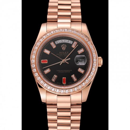 Replica Rolex Day-Date Diamonds And Rubies Black Dial Rose Gold Bracelet 1454102 - View 2