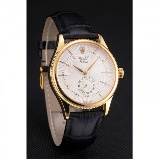 Replica Rolex Cellini White Dial Gold Case Black Leather Strap - View 3