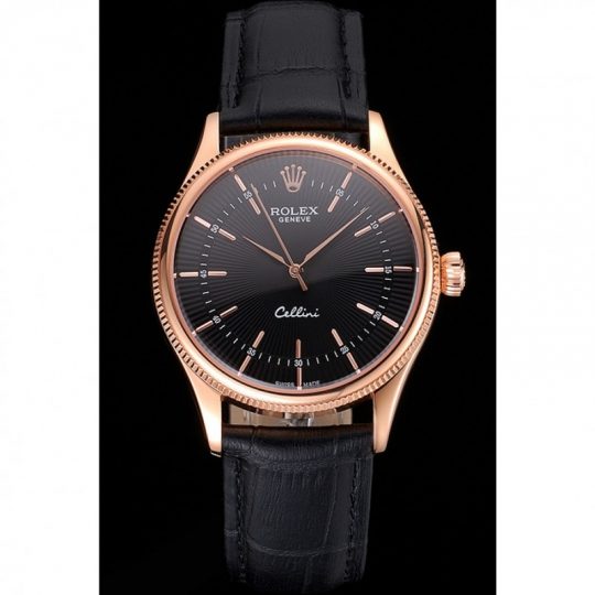 Replica Rolex Cellini Black Dial Rose Gold Markings Rose Gold Case Black Leather Strap - View 2
