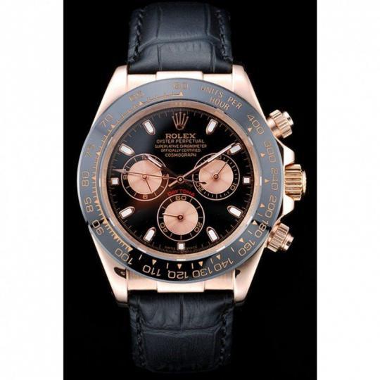 Replica Rolex Daytona Rose Gold Case Black Dial Black Leather Strap - View 2