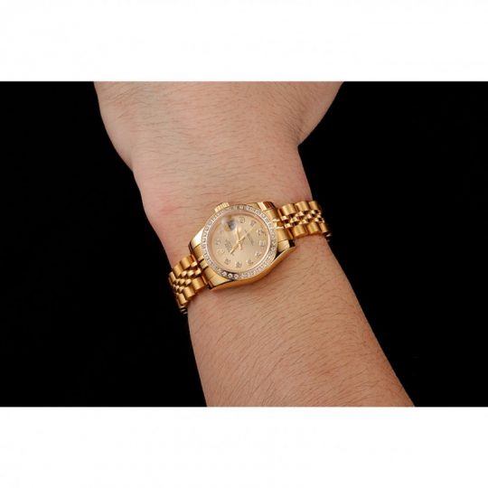 Replica Rolex Lady-Datejust Champagne Dial Diamond Bezel Gold Jubilee Bracelet 1454096 - View 4