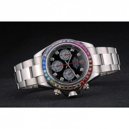 Replica Rolex Daytona Cosmograph Rainbow Crystals Bezel Stainless Steep Strap Black Dial 80250 - View 5