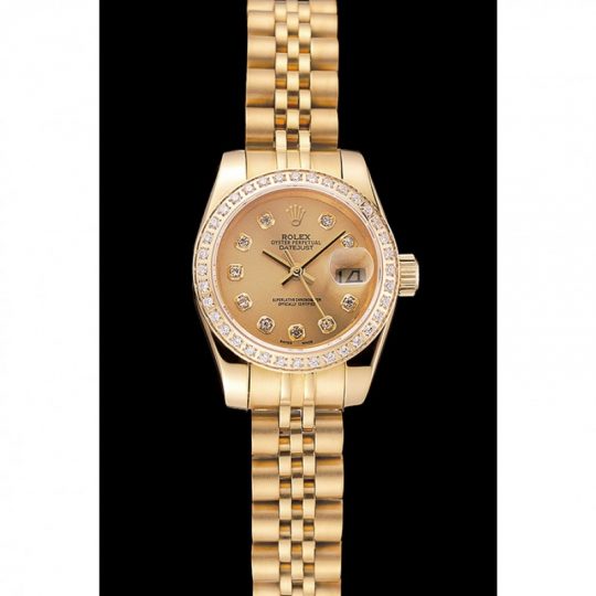 Replica Rolex Lady-Datejust Champagne Dial Diamond Bezel Gold Jubilee Bracelet 1454096 - View 5