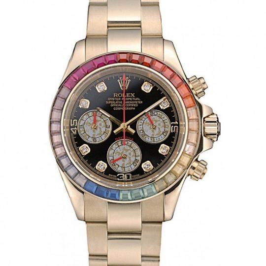 Replica Rolex Daytona Cosmograph Rainbow Crystals Bezel Rose Gold Strap Black Dial 80251 - View 1