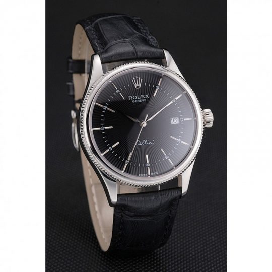 Replica Rolex Cellini Date Black Dial Stainless Steel Case Black Leather Strap - View 3
