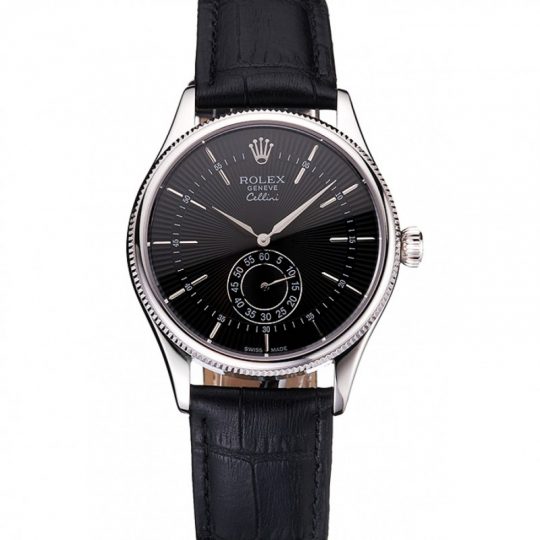 Replica Rolex Cellini Black Dial Stainless Steel Case Black Leather Strap - View 1