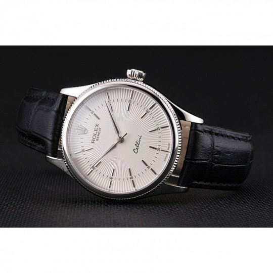 Replica Rolex Cellini White Guilloche Dial Stainless Steel Case Black Leather Strap - View 4