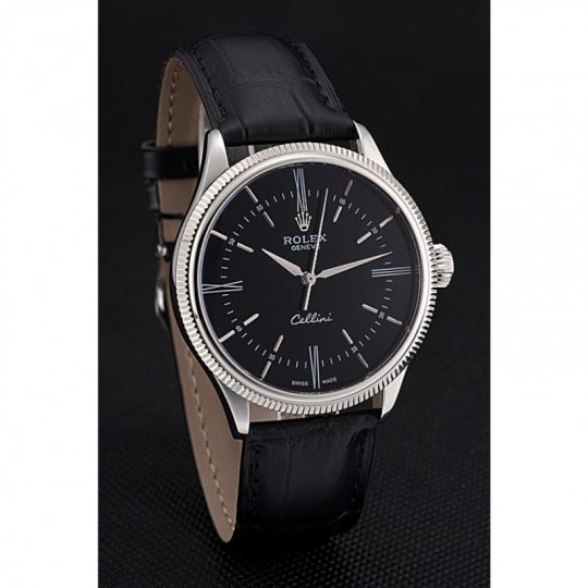 Replica Rolex Cellini Time Silver Case Black Dial Black Leather Bracelet 622654 - View 2
