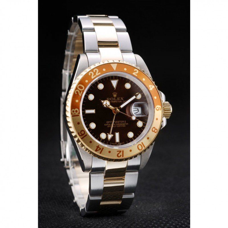 Replica Rolex GMT Master II Gold Colored Ceramic Bezel Brown Dial Watch - View 3