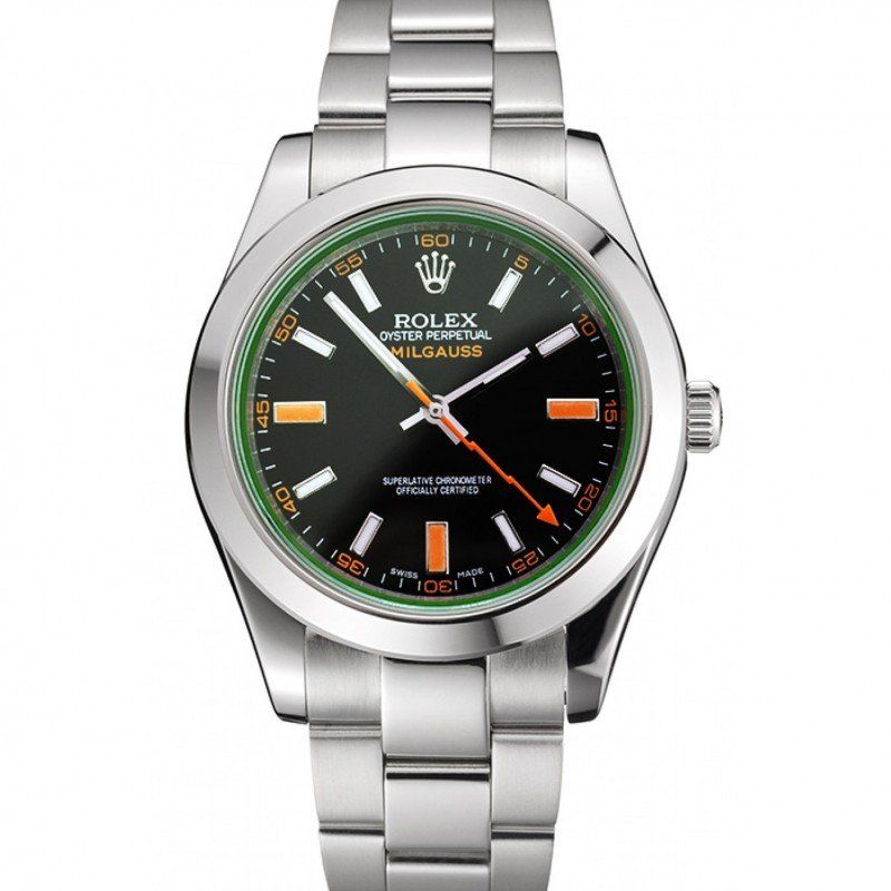 Replica Rolex Milgauss Black Dial Orange Markings Stainless Steel Case And Bracelet - View 1