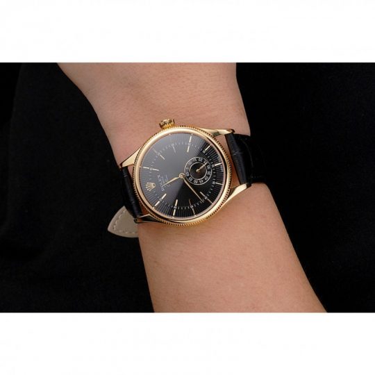 Replica Rolex Cellini Black Dial Gold Case Black Leather Strap - View 6
