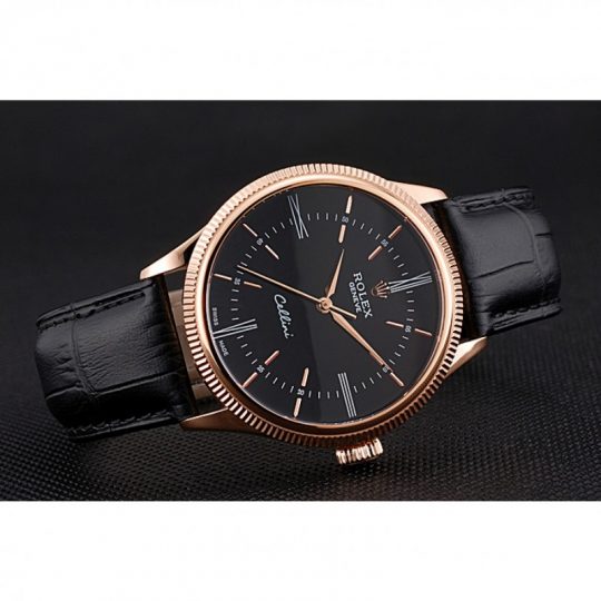 Replica Rolex Cellini Time Rose Gold Case Black Dial Black Leather Bracelet 622656 - View 4