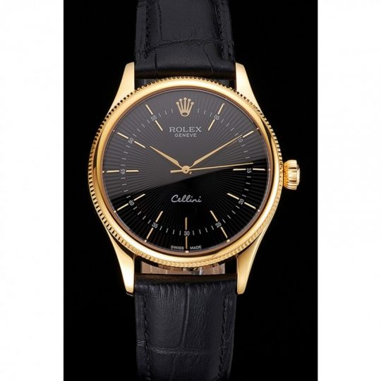Replica Rolex Cellini Black Dial Gold Markings Gold Case Black Leather Strap - View 2
