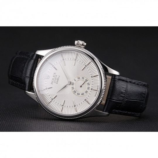 Replica Rolex Cellini White Dial Stainless Steel Case Black Leather Strap - View 2