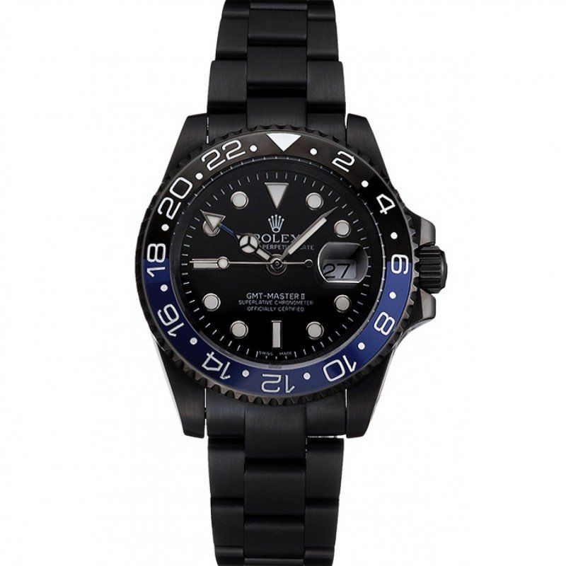 Replica Rolex GMT Master II Black Dial Blue And Black Bezel Black PVD Case And Bracelet PR18239 - View 1