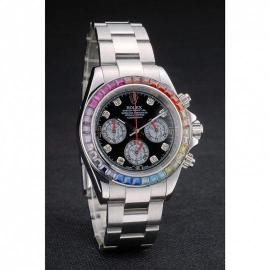 Replica Rolex Daytona Cosmograph Rainbow Crystals Bezel Stainless Steep Strap Black Dial 80250 - View 3
