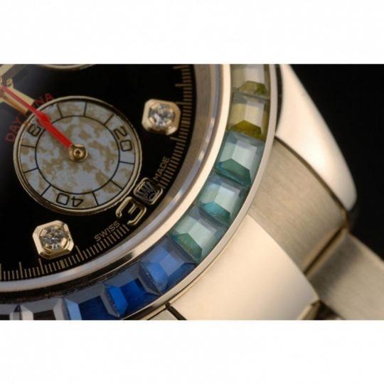 Replica Rolex Daytona Cosmograph Rainbow Crystals Bezel Rose Gold Strap Black Dial 80251 - View 4