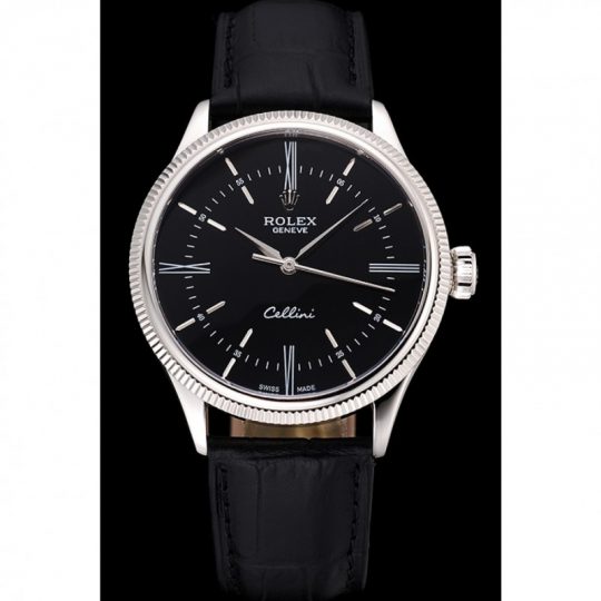 Replica Rolex Cellini Time Silver Case Black Dial Black Leather Bracelet 622654 - View 3