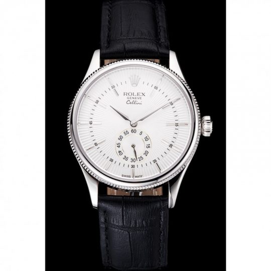 Replica Rolex Cellini White Dial Stainless Steel Case Black Leather Strap - View 3