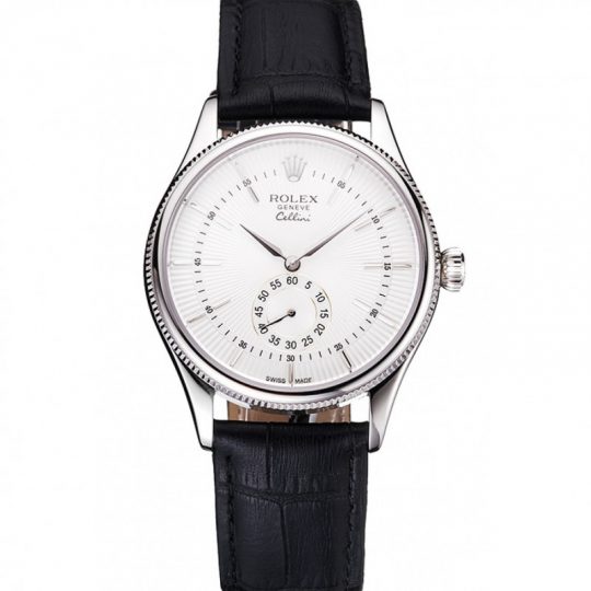 Replica Rolex Cellini White Dial Stainless Steel Case Black Leather Strap - View 1