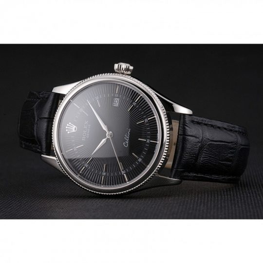 Replica Rolex Cellini Date Black Dial Stainless Steel Case Black Leather Strap - View 4