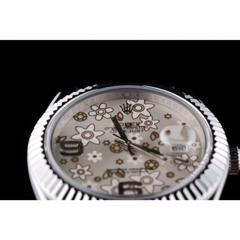 Replica Rolex DateJust Stainless Steel Ribbed Bezel Flower Silver Dial 41983 - View 6