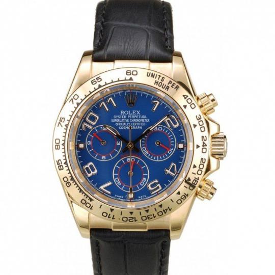 Replica Rolex Daytona Gold Case Blue Dial Black Leather Strap - View 1