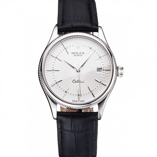 Replica Rolex Cellini Date White Dial Stainless Steel Case Black Leather Strap - View 1