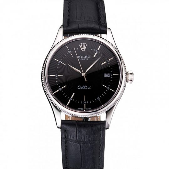Replica Rolex Cellini Date Black Dial Stainless Steel Case Black Leather Strap - View 1
