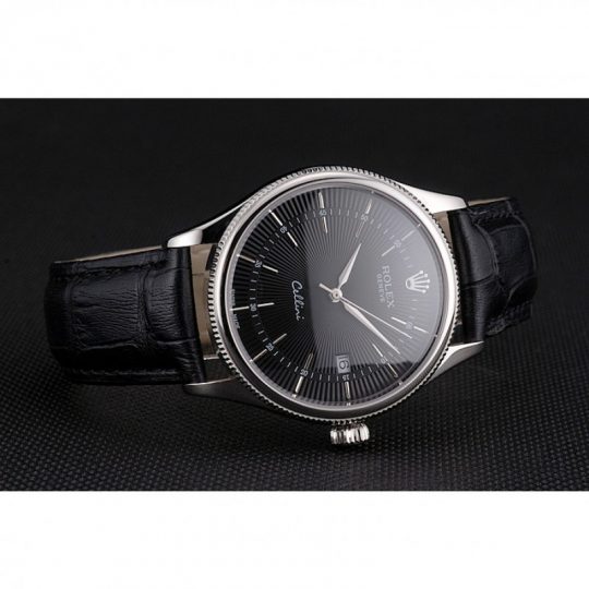 Replica Rolex Cellini Date Black Dial Stainless Steel Case Black Leather Strap - View 5